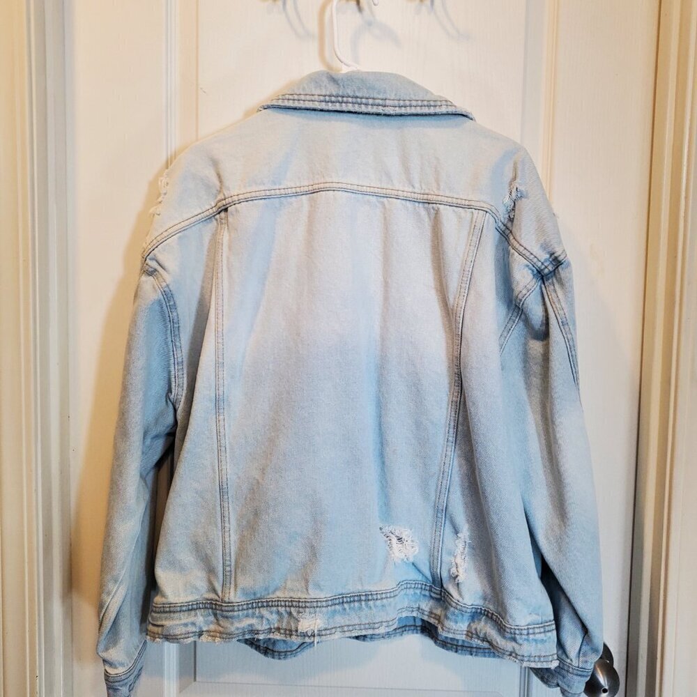 Distressed Light Wash Denim Jacket | Oversized Ripped 100% Cotton Trucker XXL - Picture 3 of 6